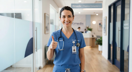 Physician in medical scrubs giving a confident thumbs up in a modern clinic hallway